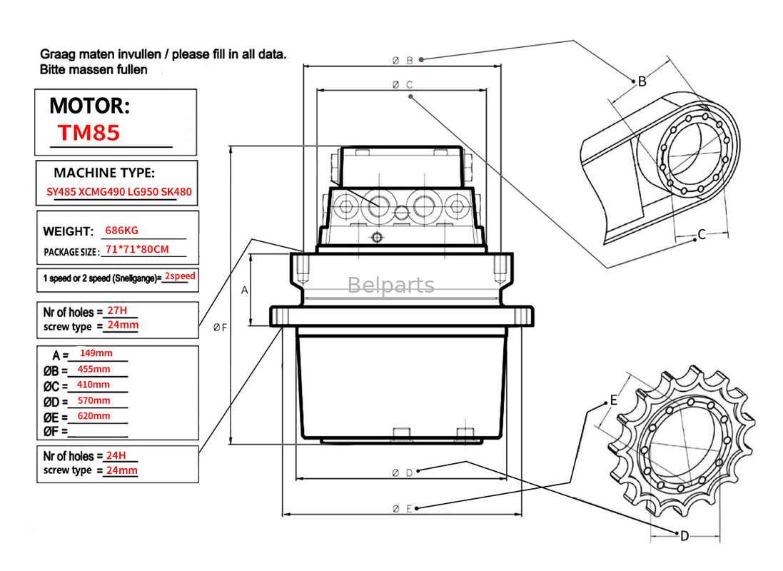 Belparts Excavator Travel Motor assy TM85 SY485 XCM490 LG950 SK480 Final Drive Assy برای کوبلکو سانی