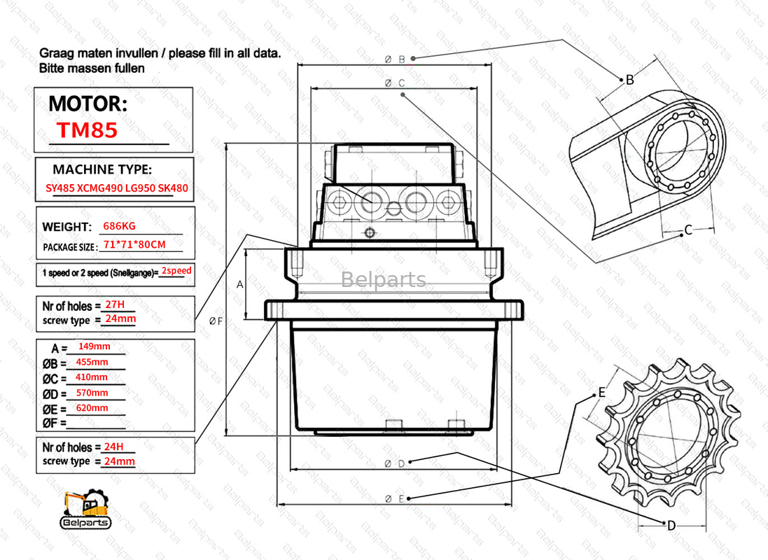 Belparts Excavator Travel Motor assy TM85 SY485 XCM490 LG950 SK480 Final Drive Assy برای کوبلکو سانی