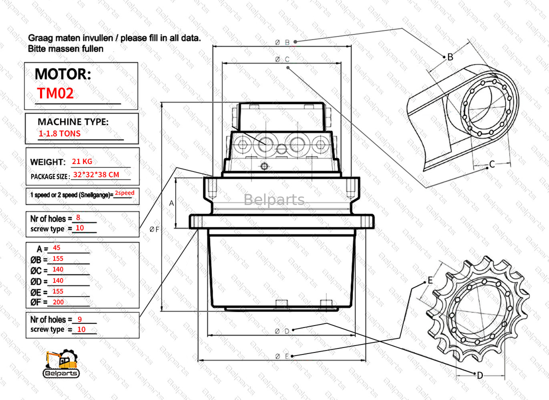 قطعات حفاری Belparts قطعات حفاری Kubota KX61-3 CX27 IHI 20NX2 U20 U25 U25.3 U25.3 درایو نهایی